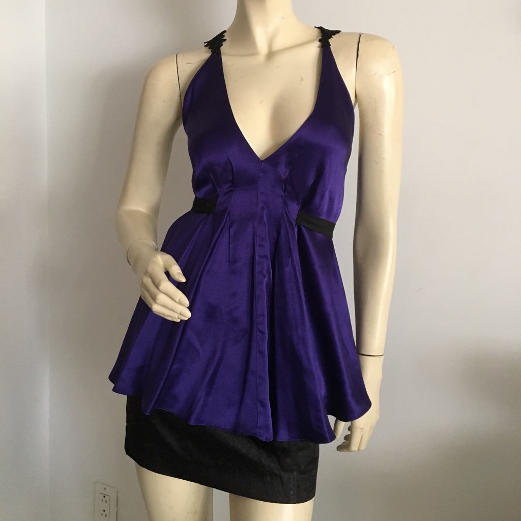 Dark Purple Silk Flared Tank With Black Crochet Racerback